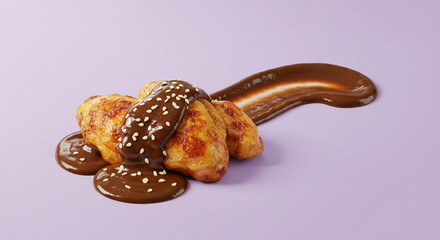 Grilled Chicken with Mole Sauce and Sesame Seeds on Lilac Background