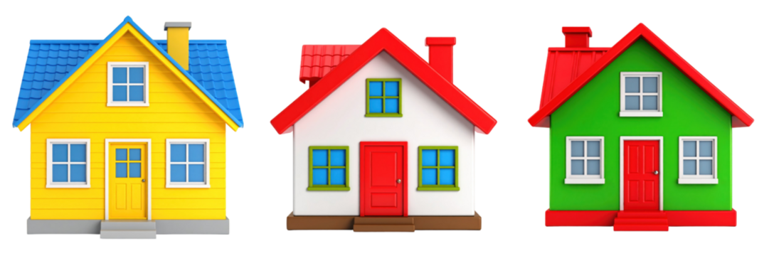 Three 3D Plastic Style Cartoon Homes Displaying Yellow White And Green Exteriors With Red And Blue Roofs Windows And Doors Against Transparent Background - Powered by Adobe