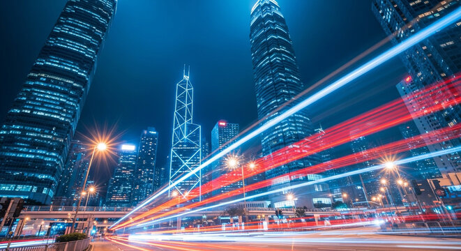 The vibrant energy of a modern city at night is captured in stunning long-exposure light trails of red and blue traffic perfect for any urban or tech concept