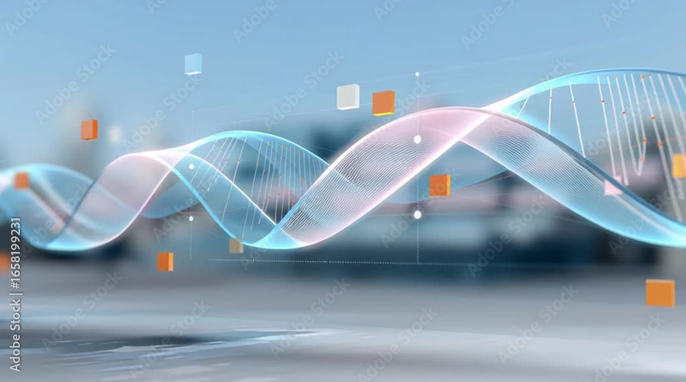 Poster abstract digital waveforms with flowing lines and floating geometric shapes create a dynamic visual 