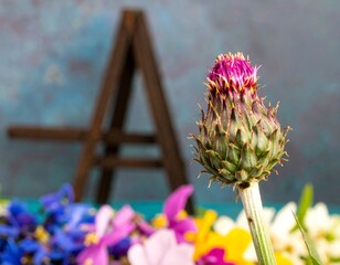 Close-up of a thistle flower bud with vibrant blossoms in the background