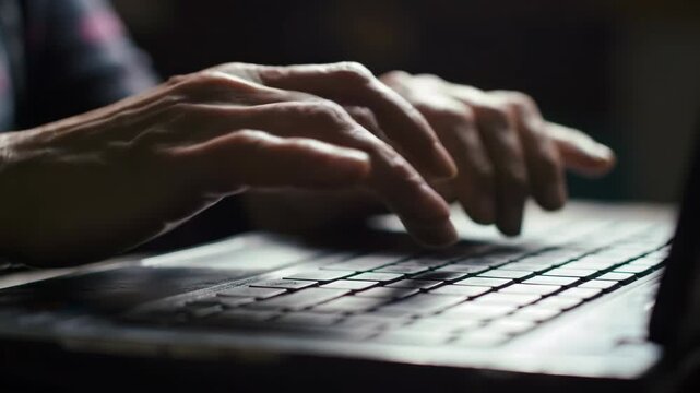 Close-up of hands typing on a laptop keyboard at a desk.