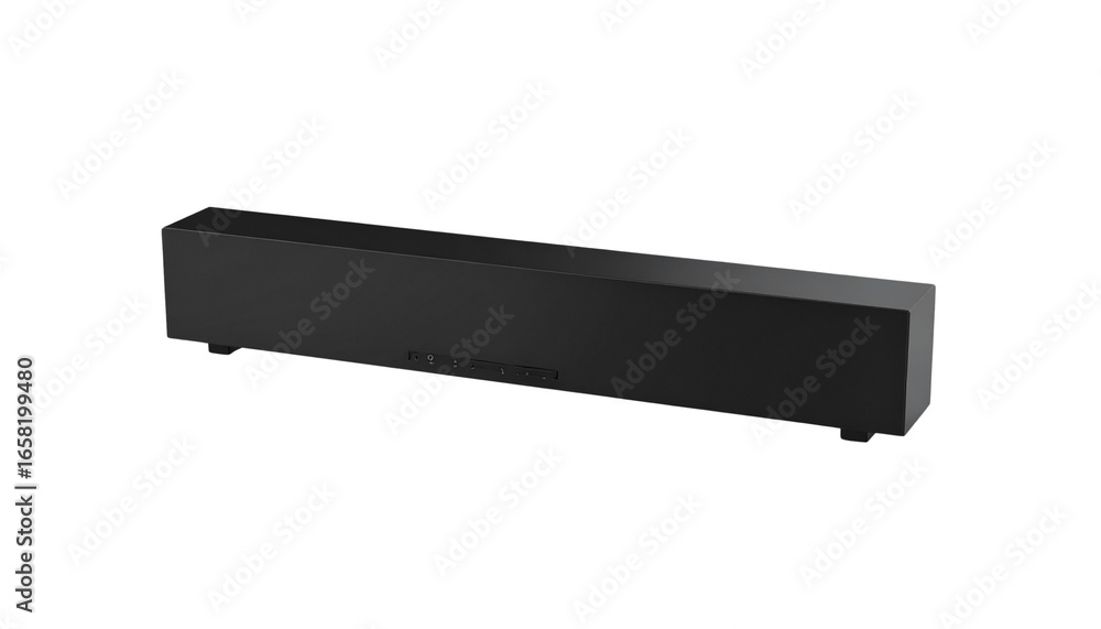 Poster a sleek black soundbar with a minimalist design on a empty plain background