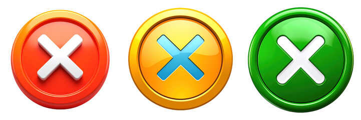 Obraz premium 3D Plastic Style Circular Icons Depicting Affirmative Negative And Neutral Options With Glossy Finish And White Cross Symbols