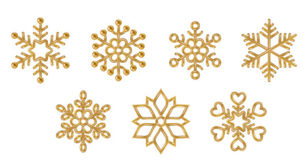 3d Gold Snowflakes Set. Bronze realistic Merry Christmas decoration isolated on white background. Golden Xmas icon. Vector illustration. Snow flake shape bauble, New Year winter symbol