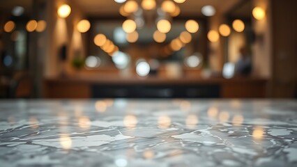 Polished marble tabletop with abstract bokeh, showcasing a sleek and modern aesthetic.