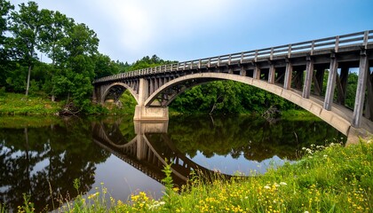 Fototapeta premium Wooden arch bridge over calm river