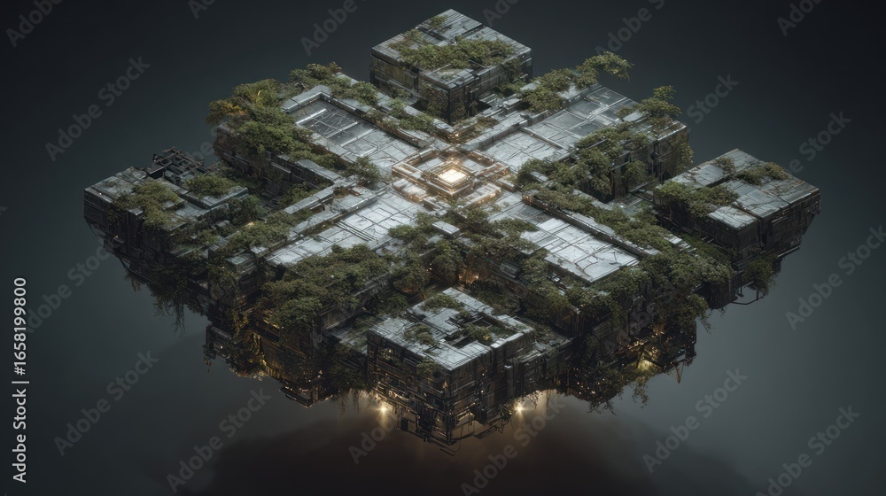 Aufkleber abstract overgrown stone structure with central light source, floating in the void