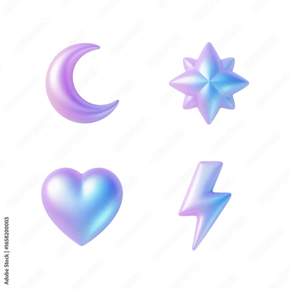 Poster iridescent celestial and symbolic elements floating on a transparent plane offering whimsical allure