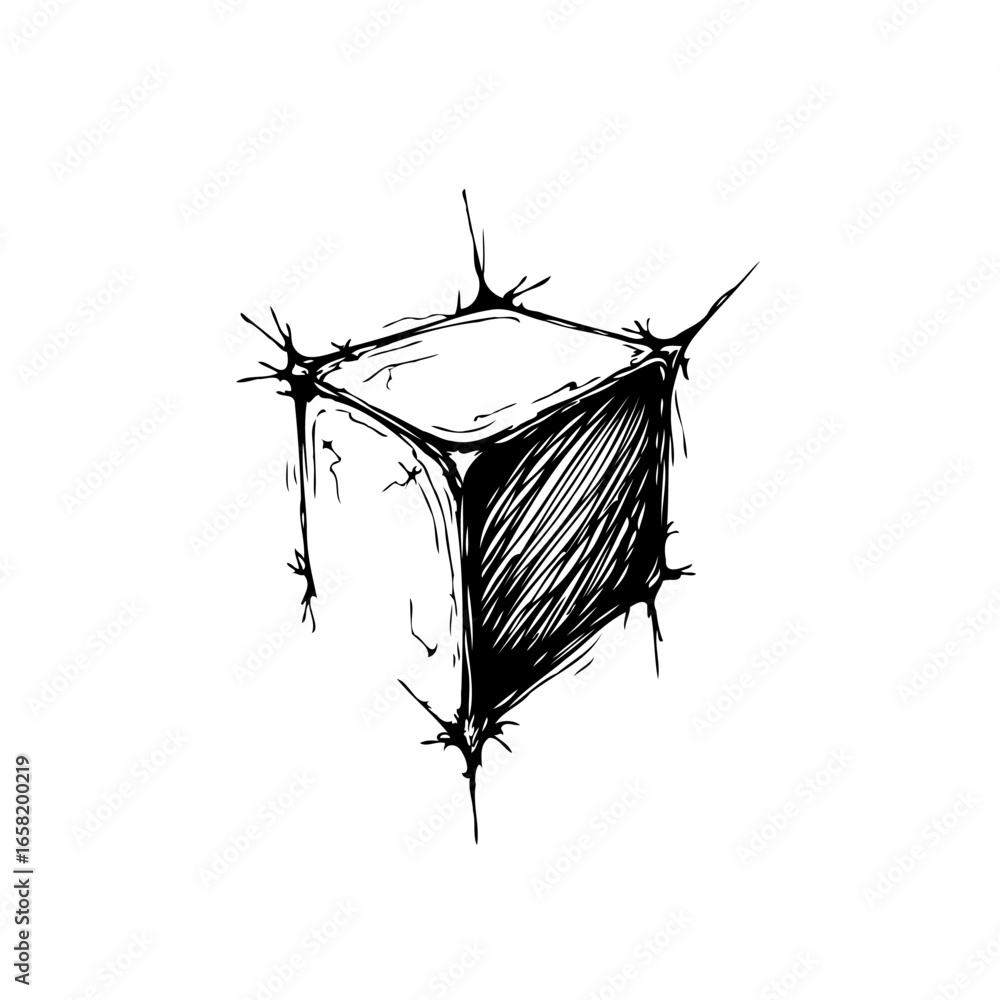 Poster abstract cube sketch with spiky extensions a hand-drawn artwork showcasing cubic form featuring radi