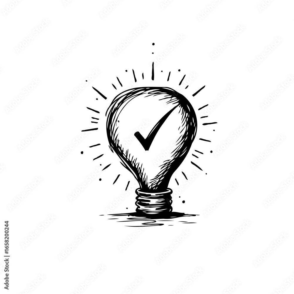 Poster illustrative lightbulb sketch symbolizing innovation solution with checkmark for project approval re