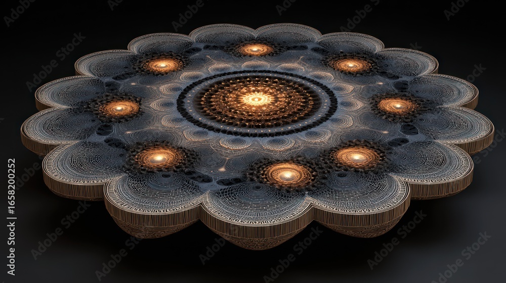 Aufkleber a complex, fractal, flower-like structure with glowing orbs on a dark background