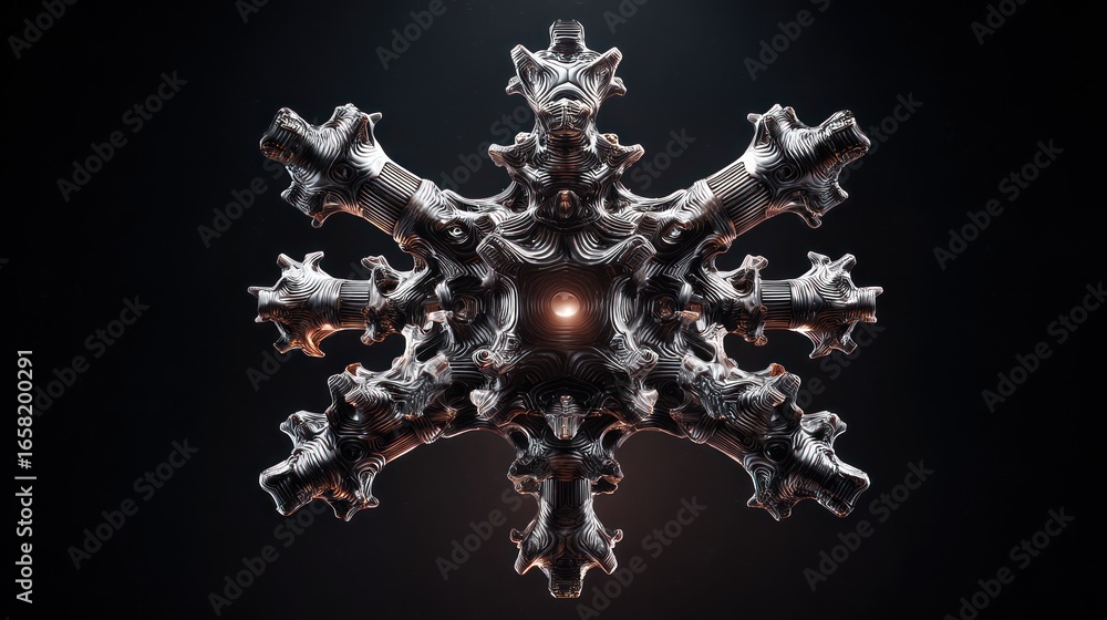 Aufkleber an intricate, symmetrical metallic object with a central core, emanating light. dark background