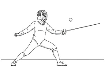 Fototapeta premium Fencer lunges with foil on white background, practicing, use in illustrations