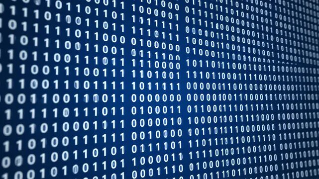 Digital Binary Code Stream Background - Abstract background animation of a binary code stream. Rows of ones and zeros scroll across a dark blue screen, creating a dynamic digital effect.
