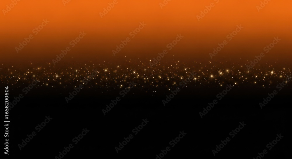 Poster a gradient background with orange on top and black on the bottom with golden glitter in the middle a