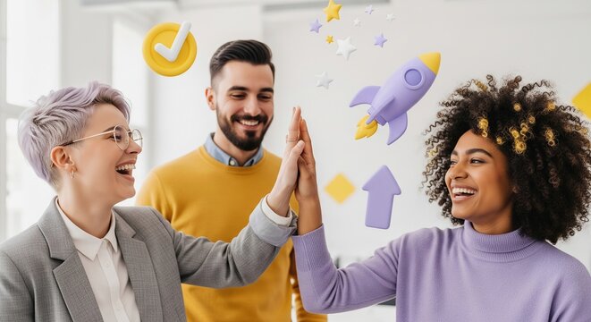 Smiling diverse business team high-fiving celebrating success and growth with 3D startup icons