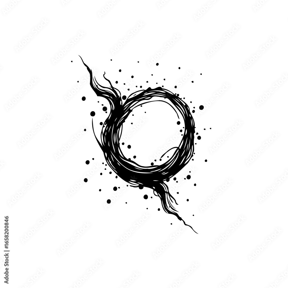 Poster abstract black and white design with swirling lines and scattered dots creates a visually dynamic co