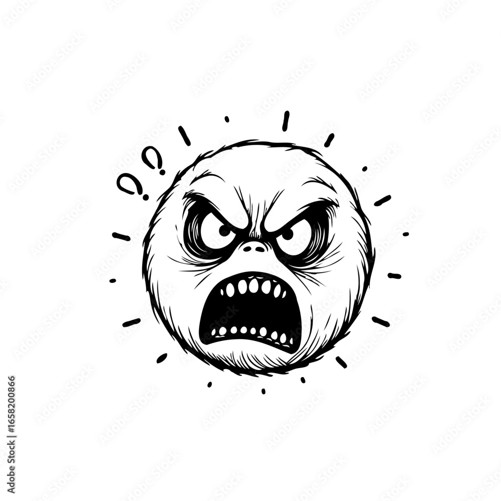 Poster angry furry cartoon character expression in black and white with question marks and lines surroundin