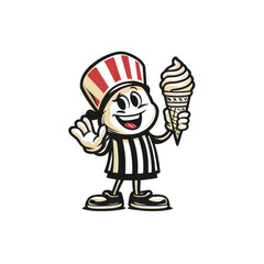 Vintage cartoon character wearing a striped hat and holding an ice cream cone