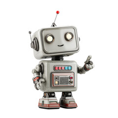 A friendly retro robot with a raised finger its head tilted slightly Futuristic