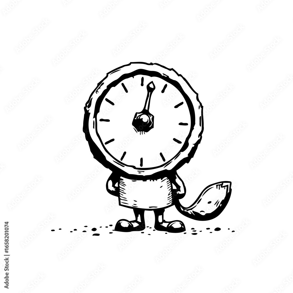 Aufkleber whimsical clock character illustration with a fox tail representing the passage of time and unique d