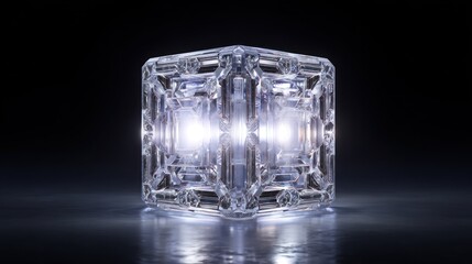 Crystalline cube glows intensely in dark space, revealing internal structures. Futuristic design