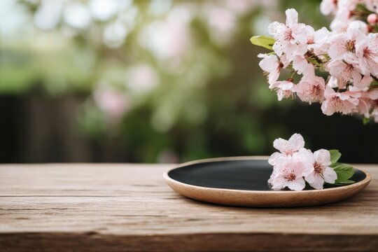 A wooden table holds a plate with cherry blossoms under a blooming tree - Powered by Adobe