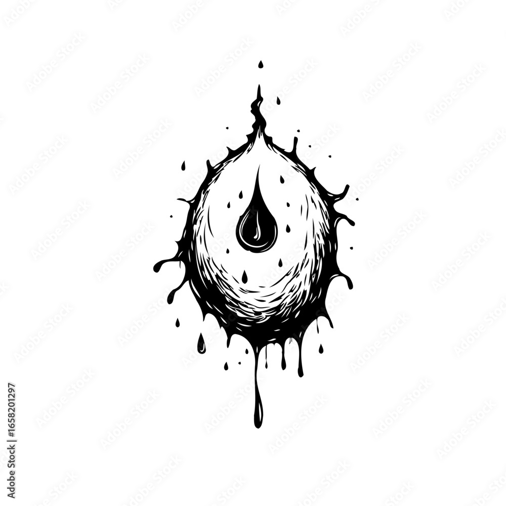 Poster abstract ink illustration of a teardrop shape artistic vector design with unique splash and drips de