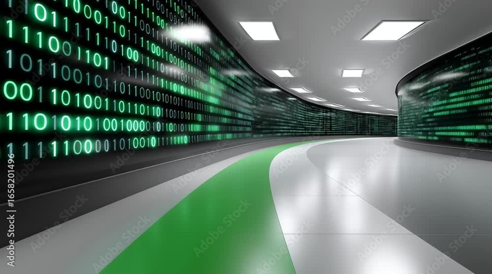 Poster futuristic corridor with flowing green lines and binary code walls, showcasing a seamless transition