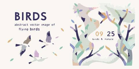 Abstract Vector Illustration of Flying Birds and Nature with Trees and Leaves