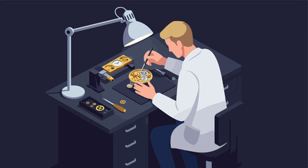 Watchmaker repairing timepiece mechanism at workbench under lamp. Dark background