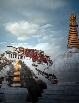 Potala Palace Lhasa Tibet Through Buddhist Stupas Sacred Architecture Landmark Travel Photography