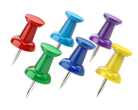 3D Vibrant Array of Push Pins on white background Ready for Office or Creative Projects Six Colorful Push Pins