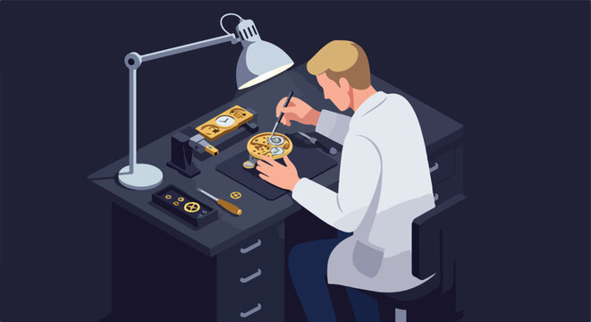Watchmaker repairing timepiece mechanism at workbench under lamp. Dark background