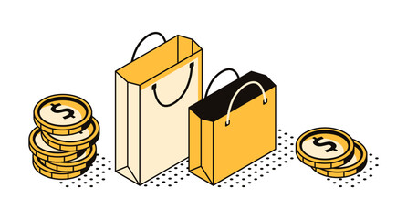 Business illustration with bags, purchases, coins, money. Vector isometric objects on a white background. Image for advertising a store, purchase processes, shopping, interaction with customers, goods