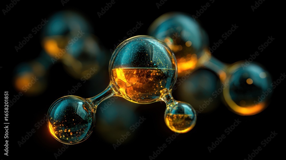 Poster abstract render of translucent connected spheres with amber fluid on a dark background