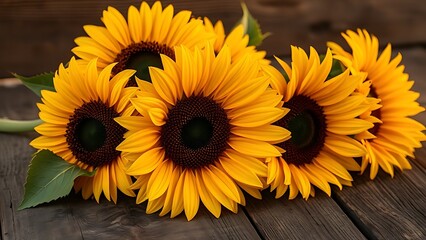 Fototapeta premium Sunflowers on a rustic wooden surface, warm golden hour light enhancing their natural beauty.