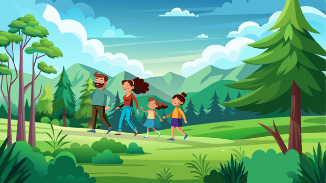 forest, summer, nature, family, father, mother, daughter, son, trees, grass, mountains, sky, clouds, bushes, joy, fun, rest, vector graphics, panoramic view, banner, positive, children's, animated