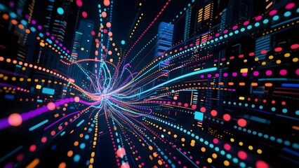 Naklejka premium Vibrant digital data streams converge in a futuristic cityscape, illuminated by colorful neon lights.