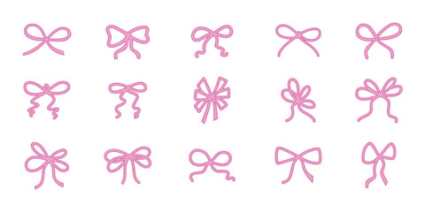 Pink coquette cute bows with ribbons set. Hand drawn vector stock illustration isolated on white background for design template card, decoration, invitation for wedding, birthday party, Christmas