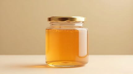 Small Glass Honey Jar Mockup with Gold Lid on Neutral Background