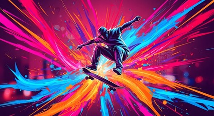 A vibrant graphic illustration of a skateboarder performing a trick amidst a burst of colorful abstract splashes.