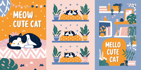 Naklejka premium Adorable Cats Sleeping on Shelves with Plants