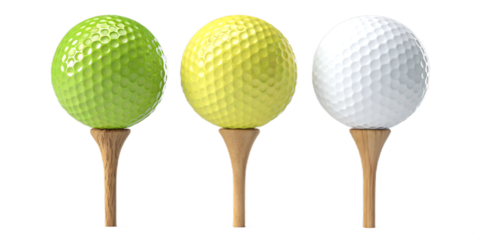 3D Vibrant Golf Ball Trio Displayed on Wooden Tees Against Dark Backdrop a Sporty Still Life Composition