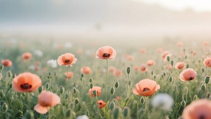 Obraz premium A serene field of blooming orange poppies under a soft, misty sky