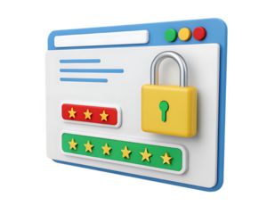 3D Website security concept with padlock and star ratings excellent user experience design data protection secure access safety assurance