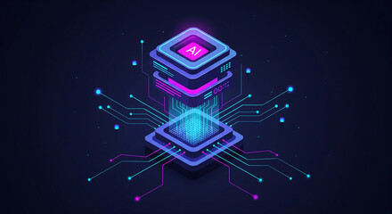 "Futuristic digital illustration with abstract circuit patterns, glowing data elements, and chip structures. Great for AI, big data, blockchain, cloud computing, and cybersecurity."