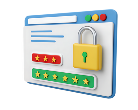 3D Website security concept with padlock and star ratings excellent user experience design data protection secure access safety assurance