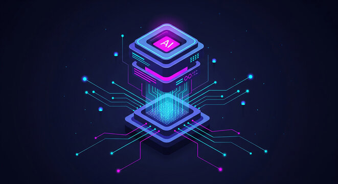 "Futuristic digital illustration with abstract circuit patterns, glowing data elements, and chip structures. Great for AI, big data, blockchain, cloud computing, and cybersecurity."
